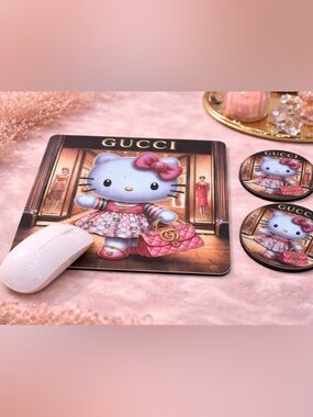 3MP. Gucci Hello Kitty Mouse Pad and Coaster Set - Red and Gold (upcycled)